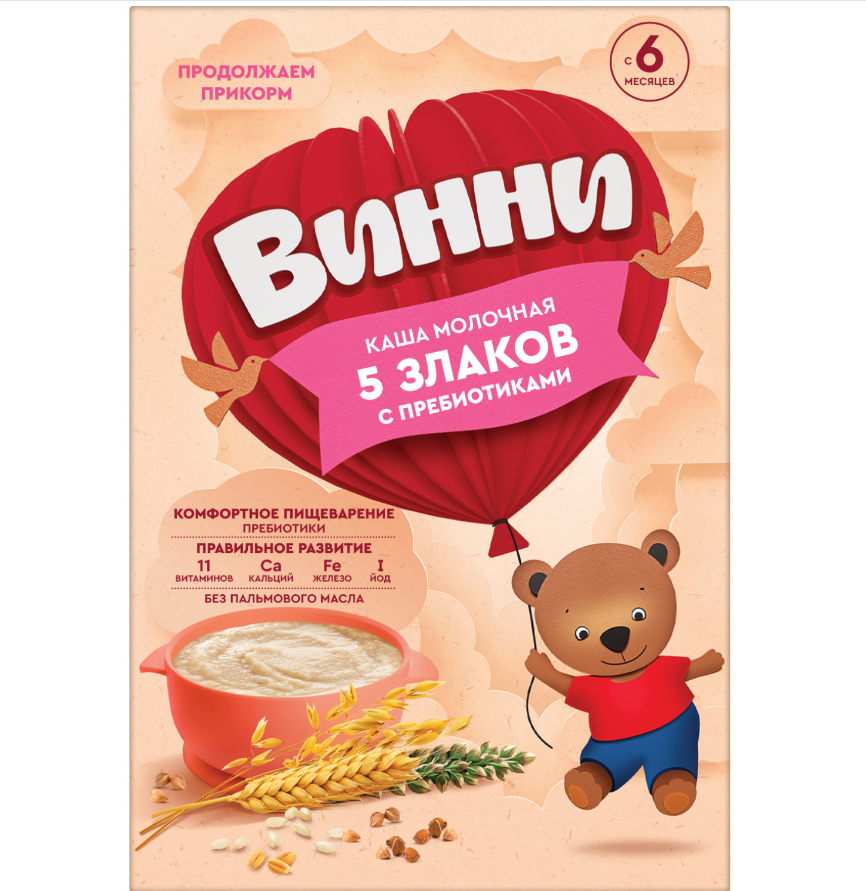 Каша Винни молочная 5 злаков с пребиотиками с 6 месяцев