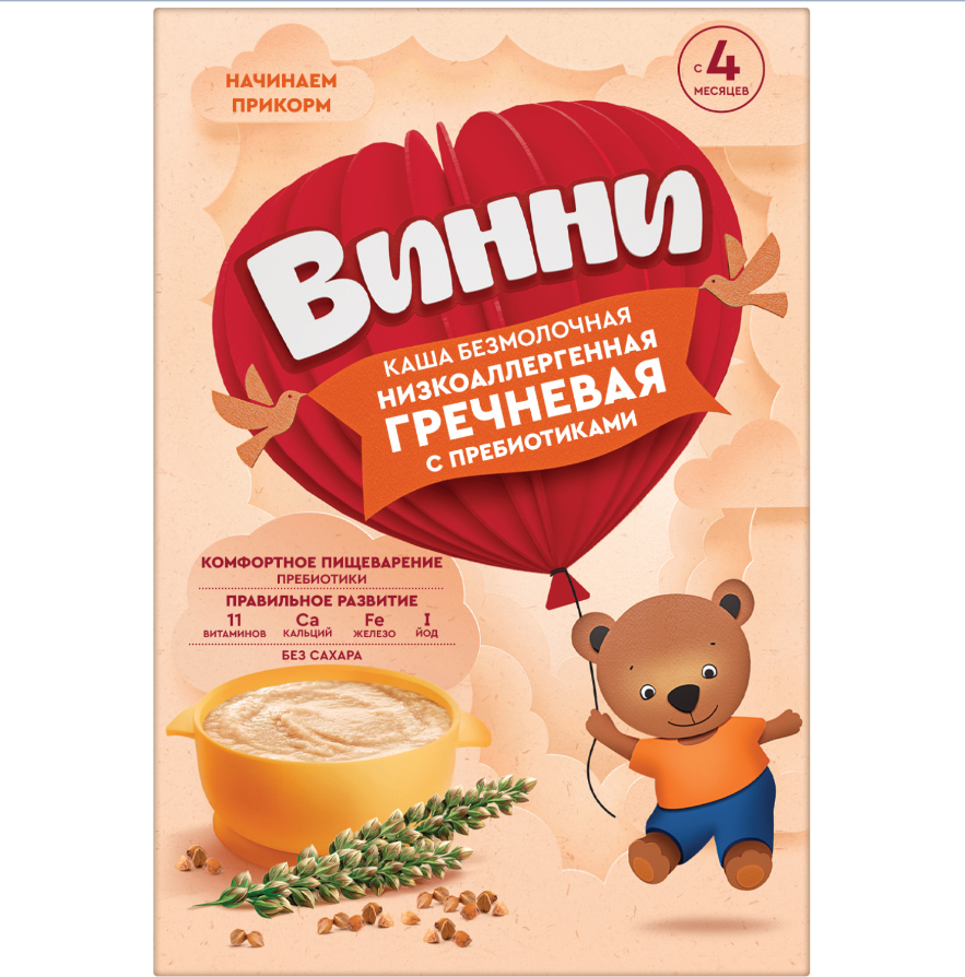Каша безмолочная "Винни" низкоаллергенная гречневая с пребиотиками 200 г