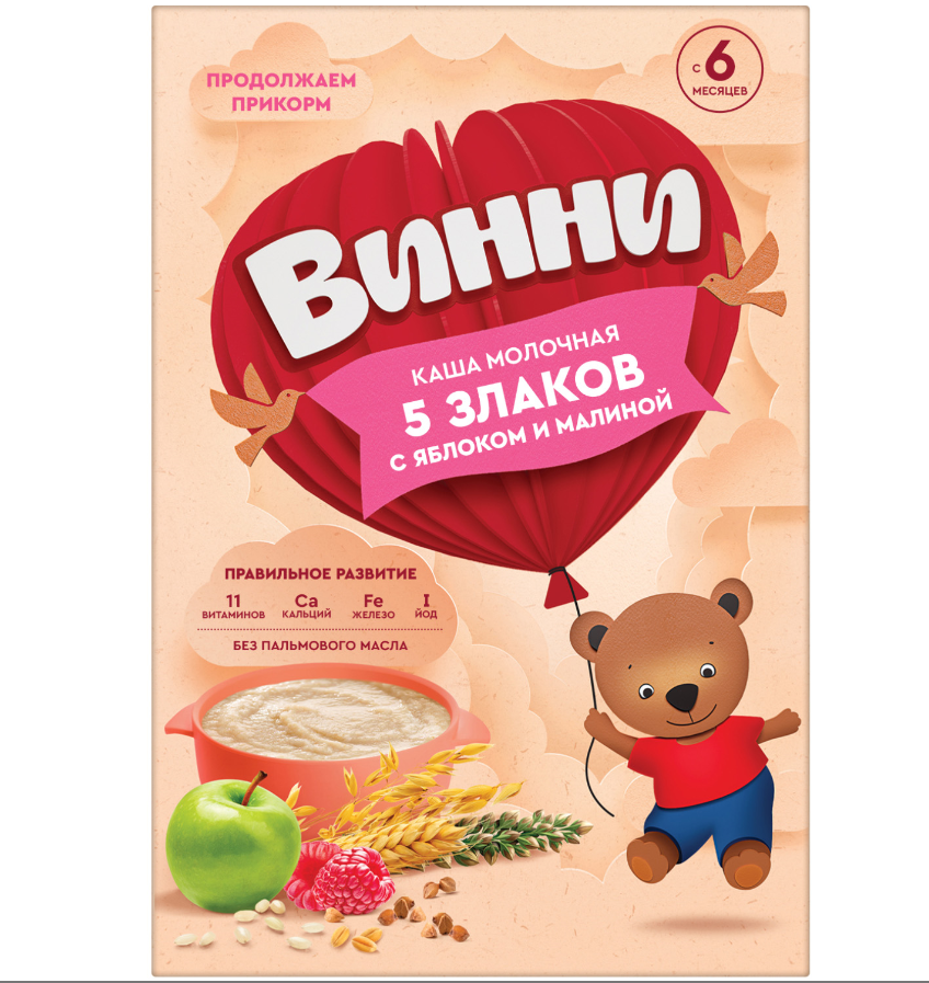 Каша молочная "Винни" 5 злаков с яблоком и малиной 200 г (4855)