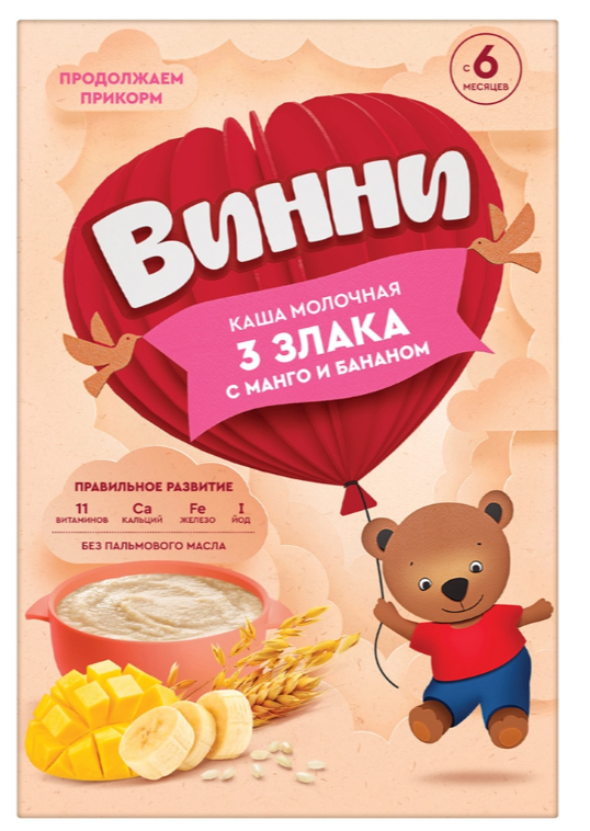 Каша Винни молочная 3 злака с манго и бананом с 6 месяцев