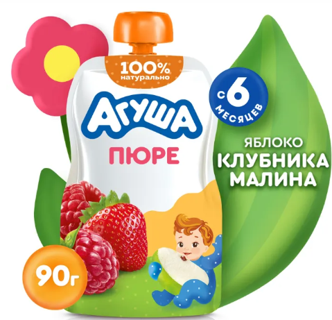 Пюре фруктовое "Агуша" с 6 мес. Яблоко-Клубника-Малина 90 г (2400)