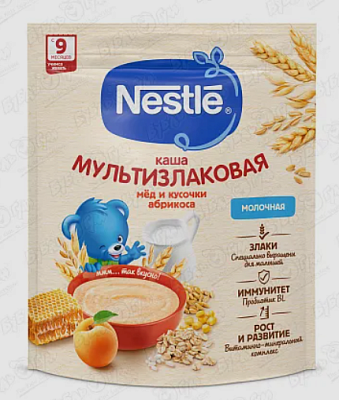 Каша Nestle молочная мультизлаковая с мёдом и кусочками абрикоса с 9 месяцев 200г с пробиотиком BL