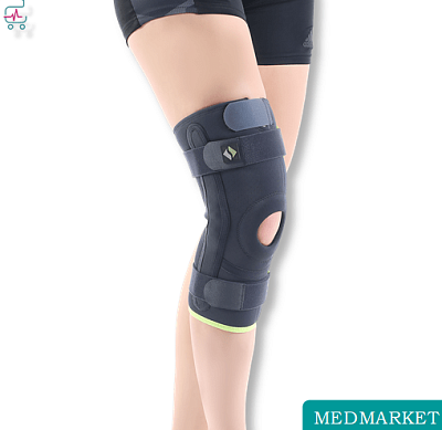 REF 104 Наколенник с отверстием для чашечки,метал.боков. шарнирами  и фикс.лентами. Неопрен. Размеры: S,M,L,XL,XXL